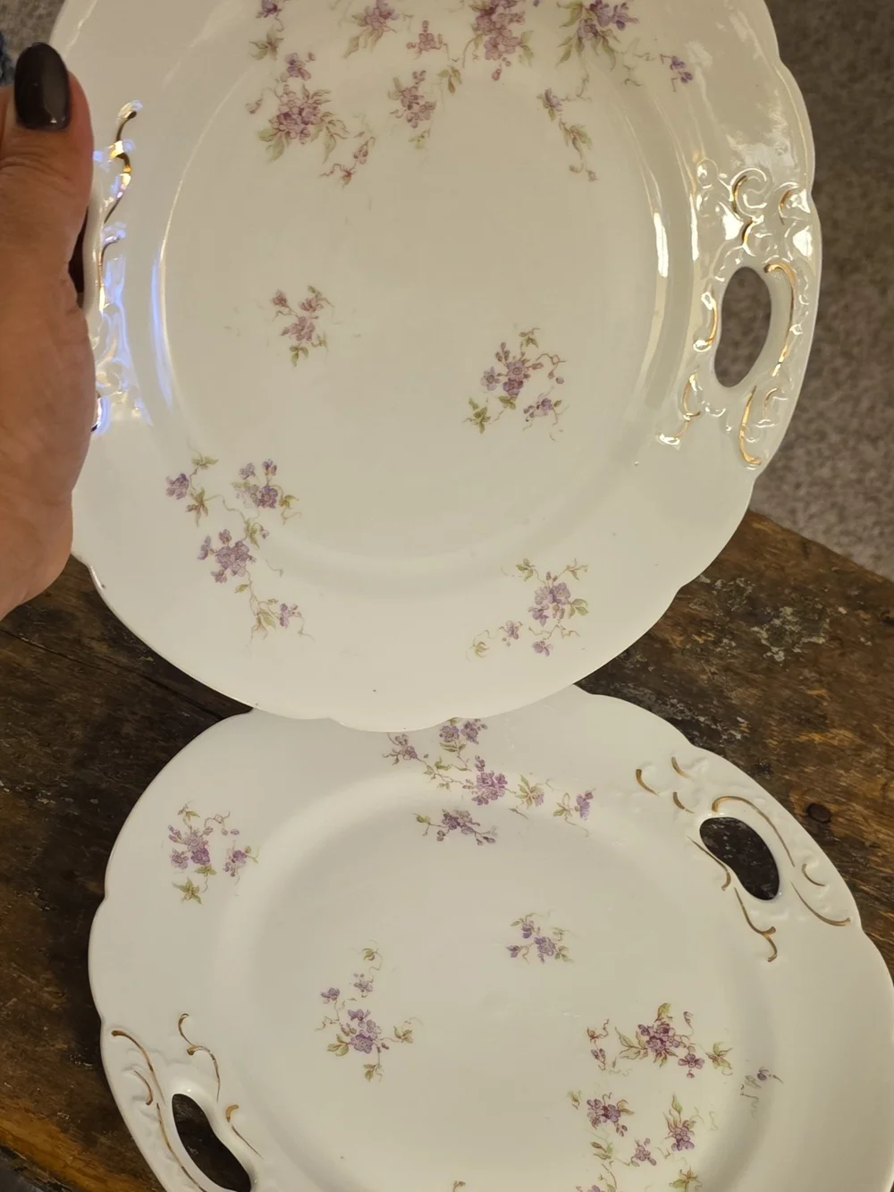 White Ceramic Serving Platters with Lavender Floral Pattern and Gold Trim